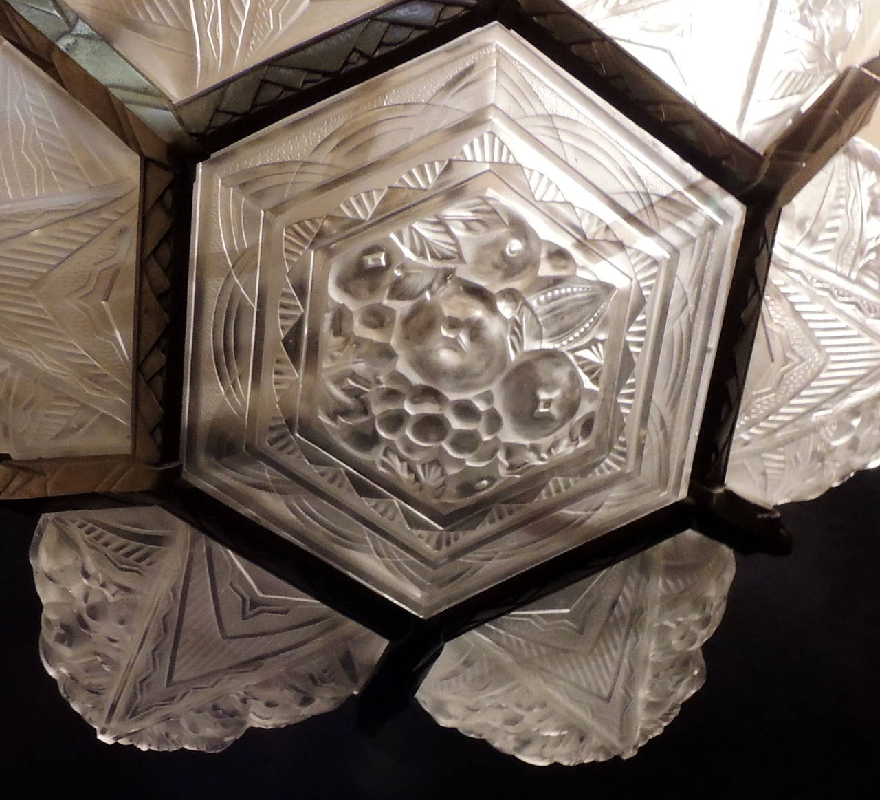 French Art Deco Bronze and Frosted Glass Panel SevenLight Chandelier