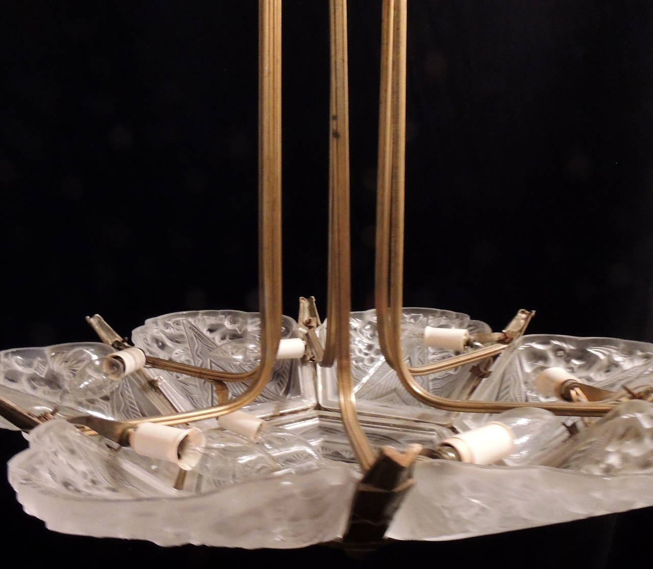 French Art Deco Bronze and Frosted Glass Panel SevenLight Chandelier