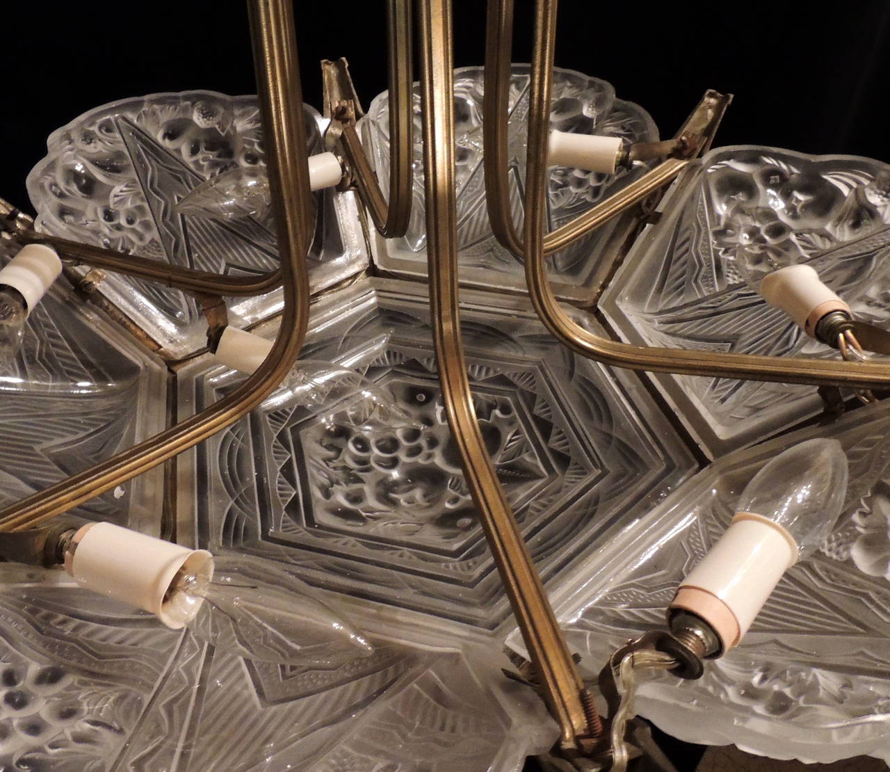 French Art Deco Bronze and Frosted Glass Panel SevenLight Chandelier