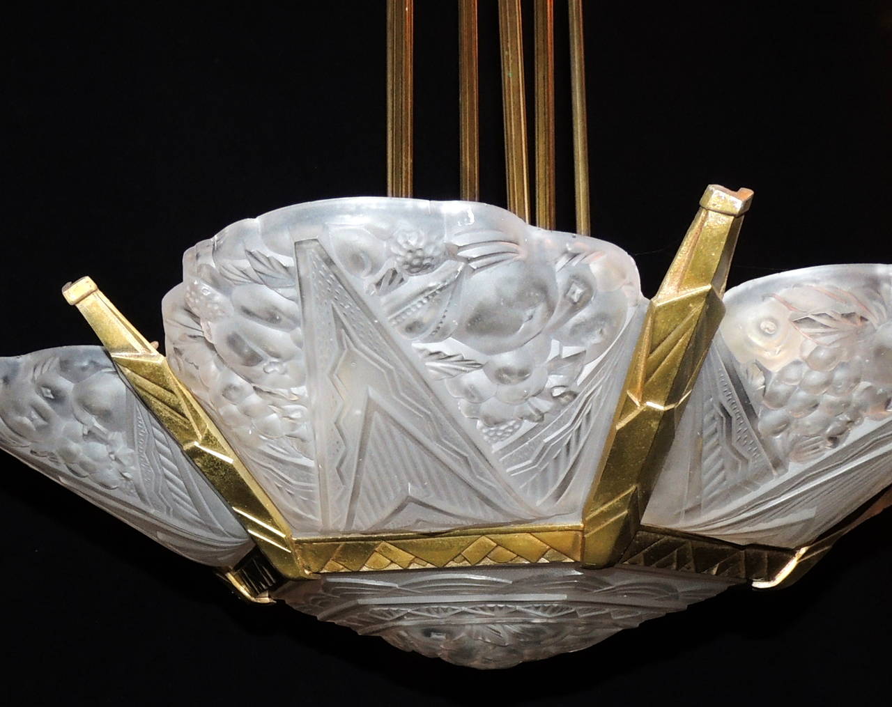 French Art Deco Bronze and Frosted Glass Panel SevenLight Chandelier