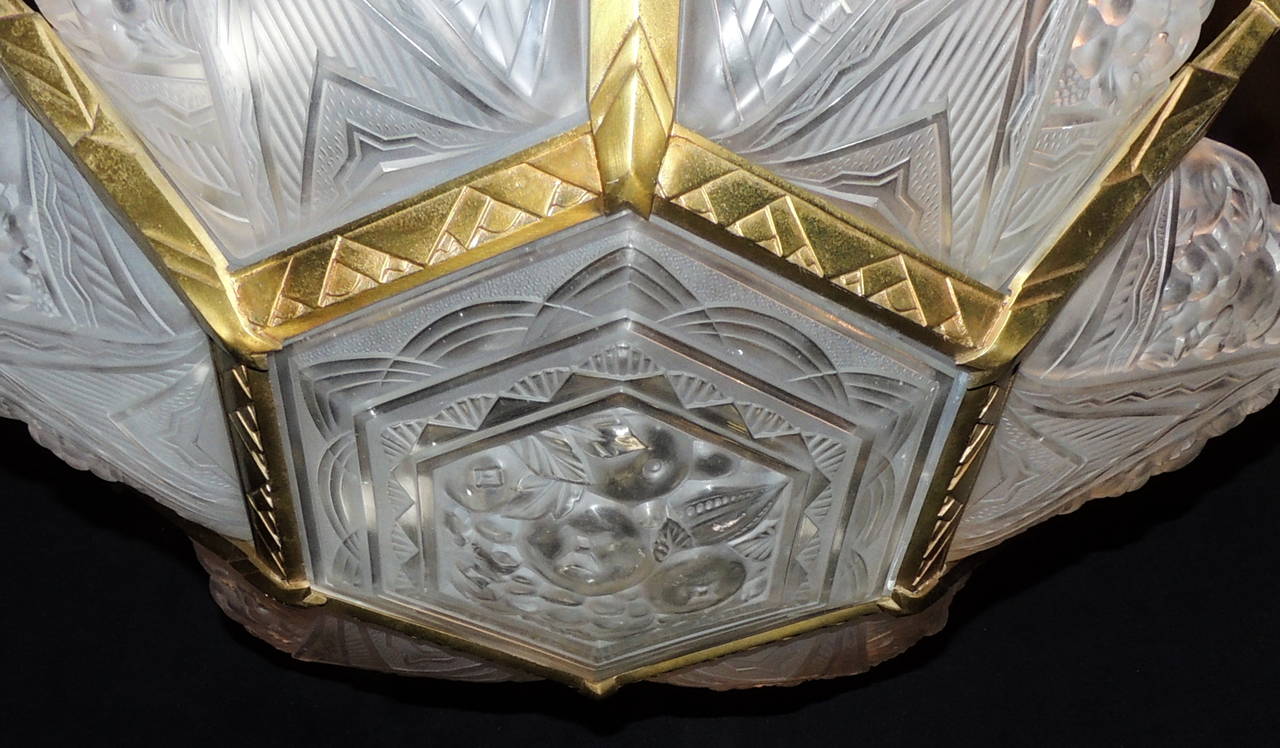 French Art Deco Bronze and Frosted Glass Panel SevenLight Chandelier