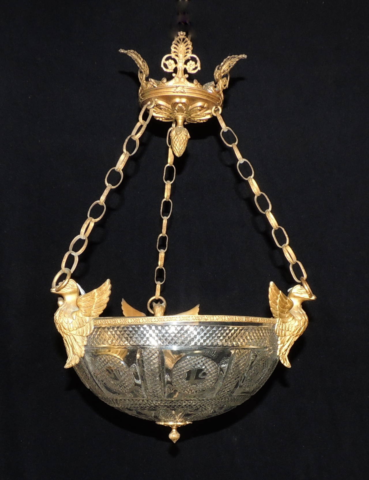 Neoclassical French Empire Doré Bronze Three-Eagle Cut Crystal Bowl Chandelier