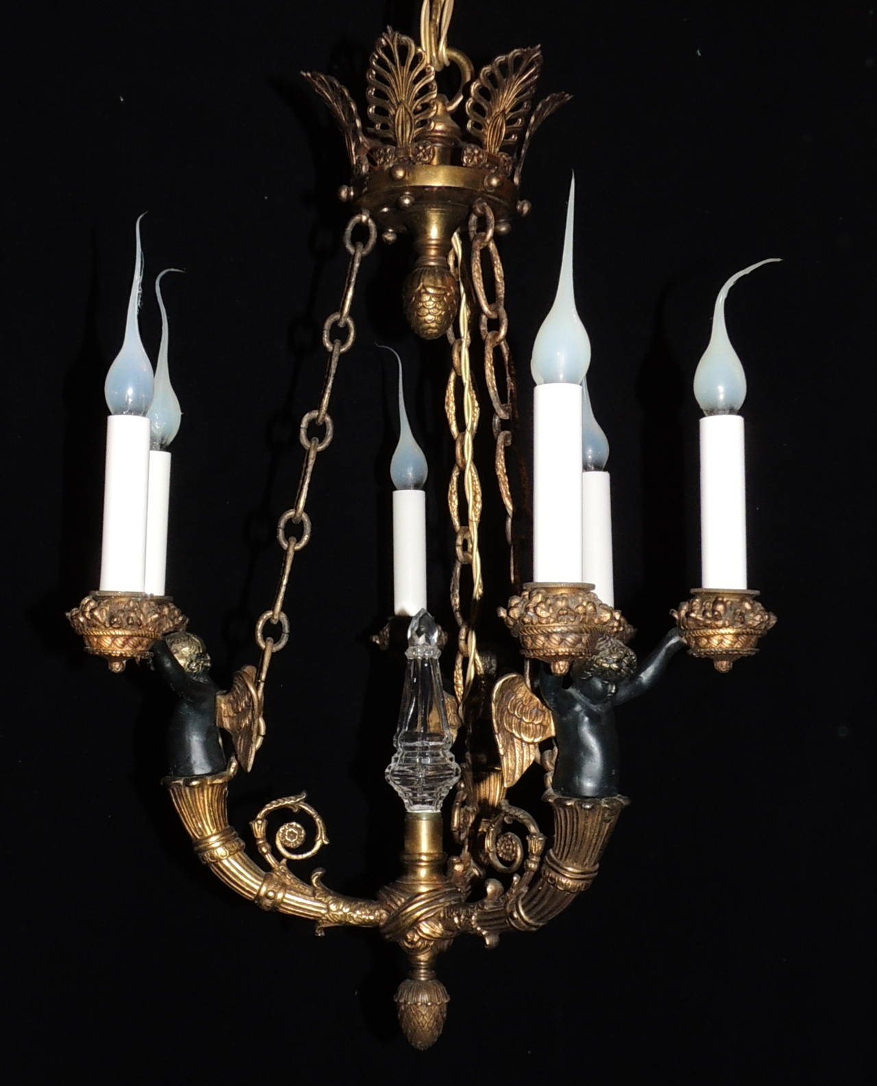 Wonderful French Empire Six-Arm Bronze Patina Chandelier Three Winged Cherubs