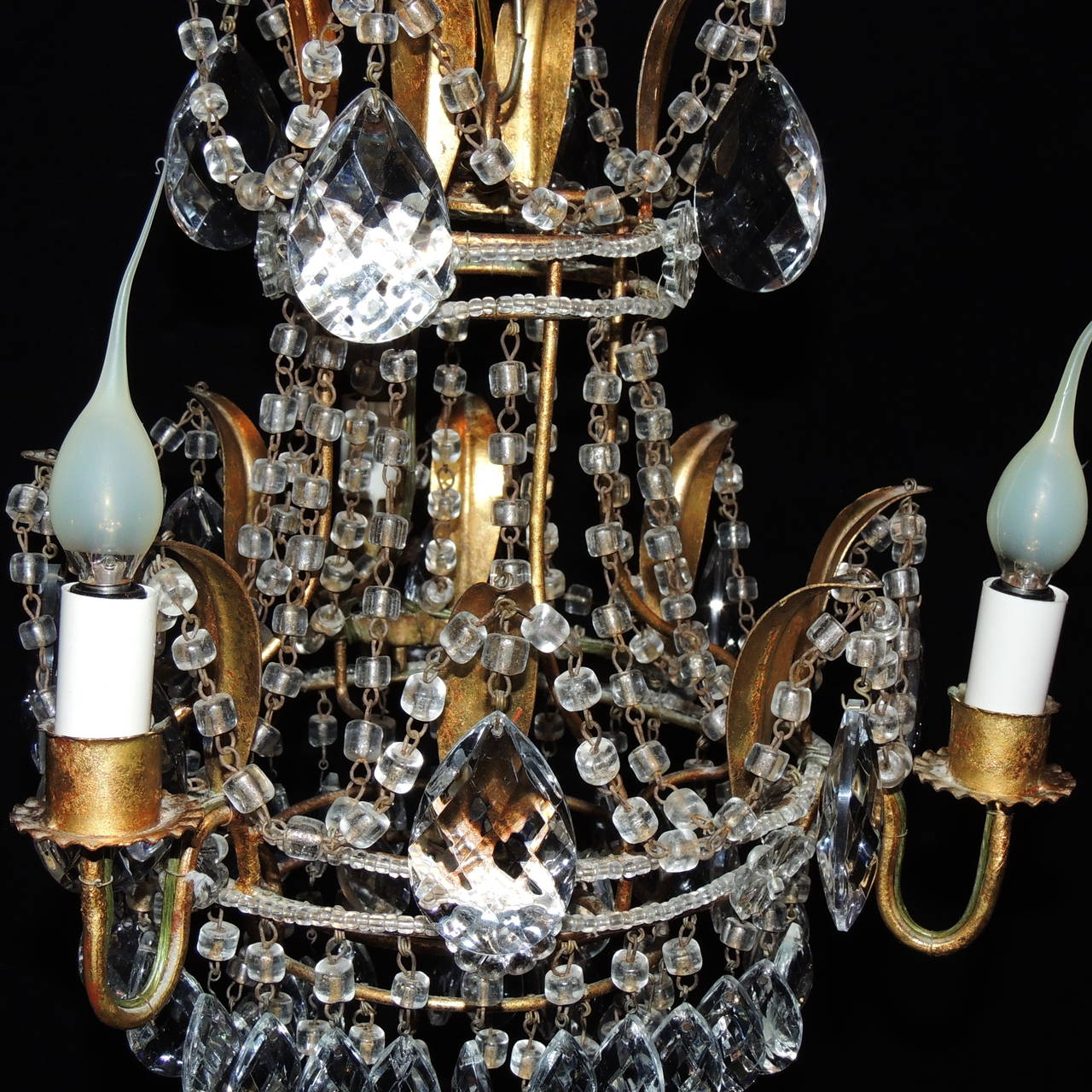 Mid-20th Century Petite Gilt and Beaded Cut Crystal Drop Three-Arm Italian Venetian Chandelier
