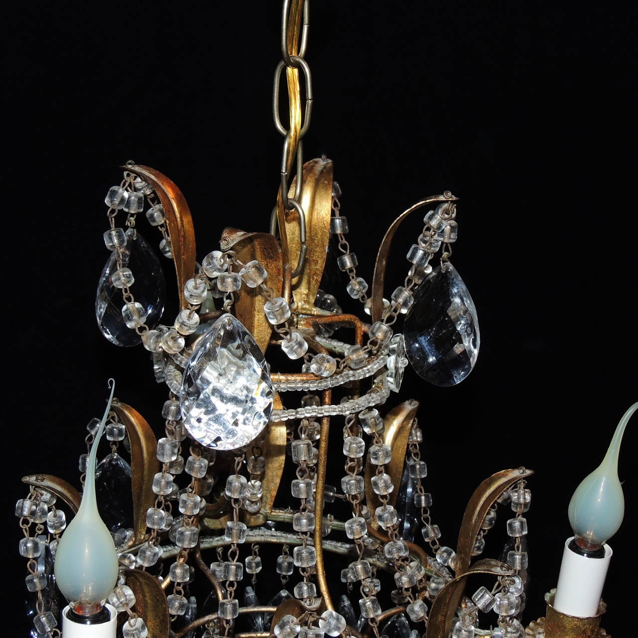 Belle Époque Petite Gilt and Beaded Cut Crystal Drop Three-Arm Italian Venetian Chandelier