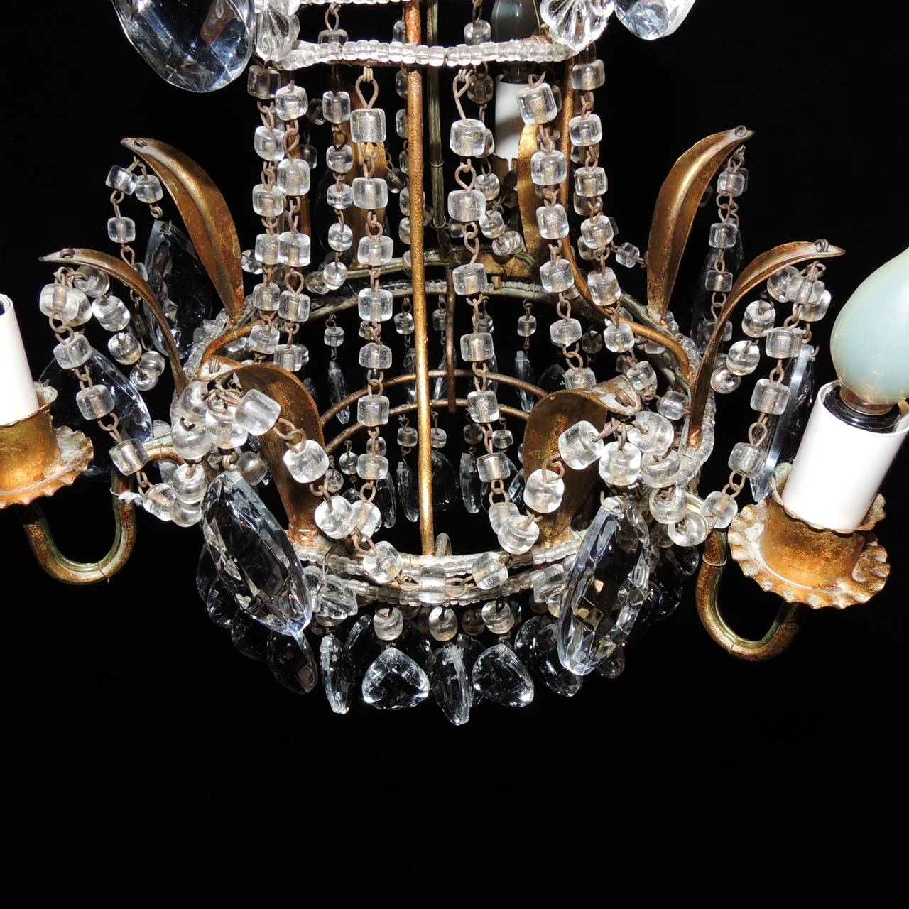 Beads Petite Gilt and Beaded Cut Crystal Drop Three-Arm Italian Venetian Chandelier
