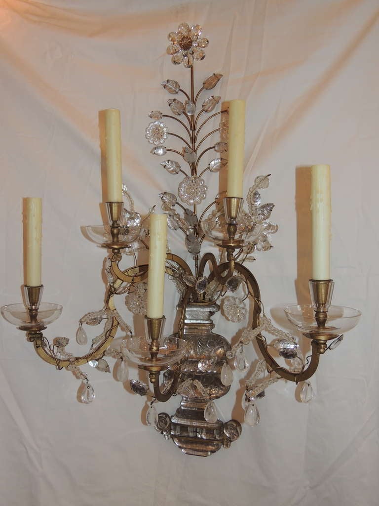 Elegant Pair Rare Vintage Gilt Rock Crystal Bagues Five-Arm Large Jansen Sconces 2