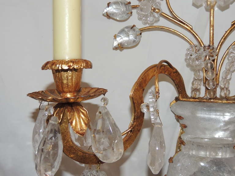 Neoclassical Vintage Pair of Baguès Gilt & Rock Crystal Urn Form Two-Light Wall Sconces