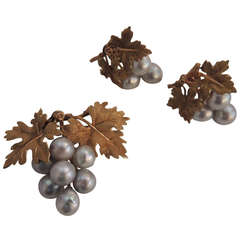 Antique A Buccellati Suite 18k Gold & Natural Pearl Acorn Leaf Earrings, Brooch Set