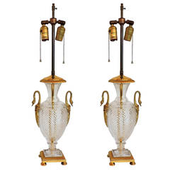 Wondeful Pair of French Dore Bronze, Swan Handled and Cut-Crystal Urn Lamps