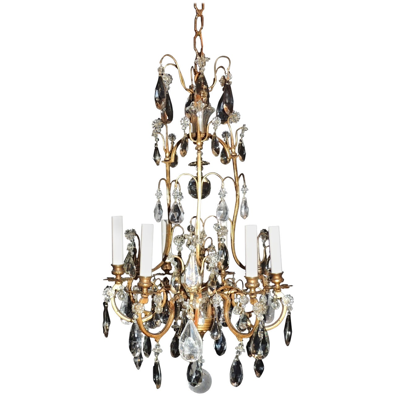 Elegant French Doré Bronze and Rock Crystal Vintage Six-Light Bagues Chandelier