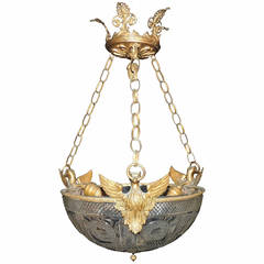 Neoclassical French Empire Doré Bronze Three-Eagle Cut Crystal Bowl Chandelier