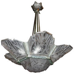 French Art Deco Fixture Signed J Robert Silvered Bronze Frosted Glass Chandelier