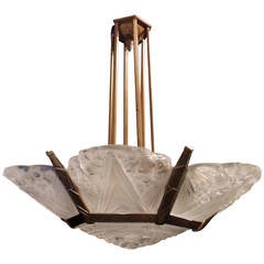 French Art Deco Bronze and Frosted Glass Panel Seven-Light Chandelier