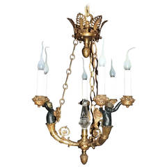 Vintage Wonderful French Empire Six-Arm Bronze Patina Chandelier Three Winged Cherubs