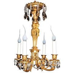 French Empire Medusa Four-Light Doré Bronze Figural and Crystal Chandelier