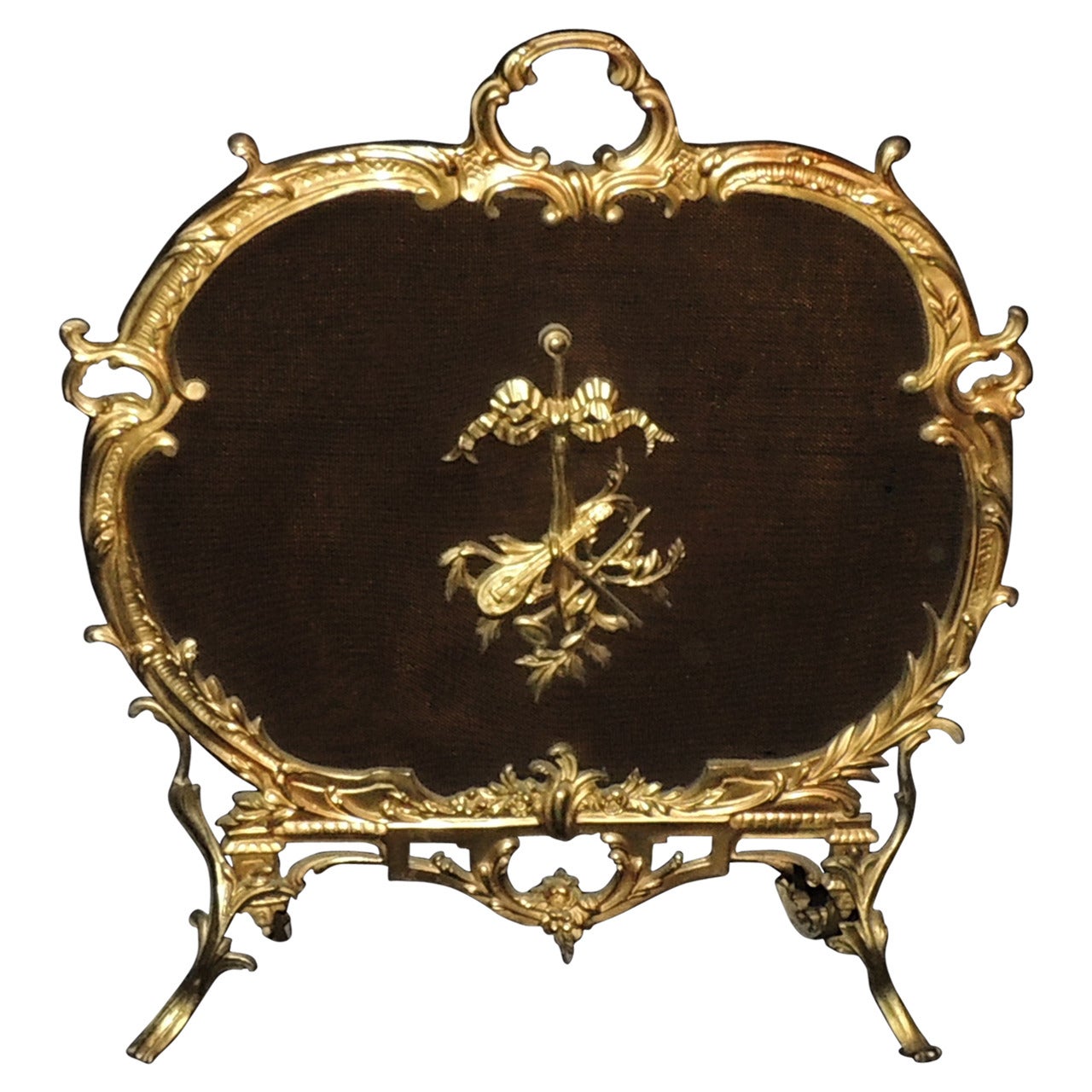 Elegant French Doré Bronze Fire Screen Bow, Horn Center Medallion Firescreen