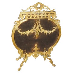 Beautiful French Doré Bronze Fireplace Screen with Ribbons Medallion Firescreen