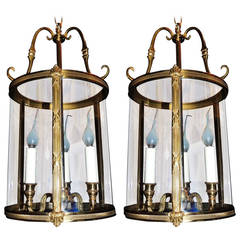 Wonderful Pair of Dore Bronze, Readed and X-Pattern Curved Glass Lanterns