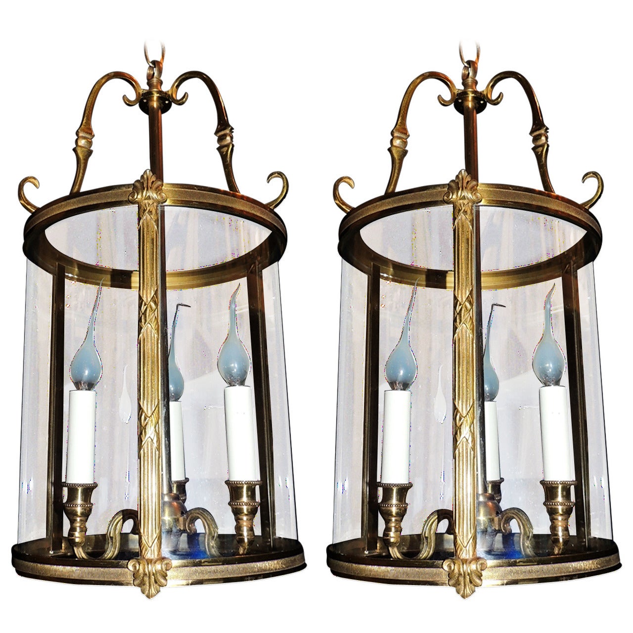 Wonderful Pair of Dore Bronze, Readed and X-Pattern Curved Glass Lanterns