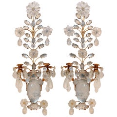 An Elegant Pair Of Rock Crystal & Gilt 2 Arm Wall Sconces In The Style Of Bagues
