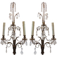 Elegant Pair of French 1920s Baltic Bronze and Crystal Two-Light Wall Sconces 2