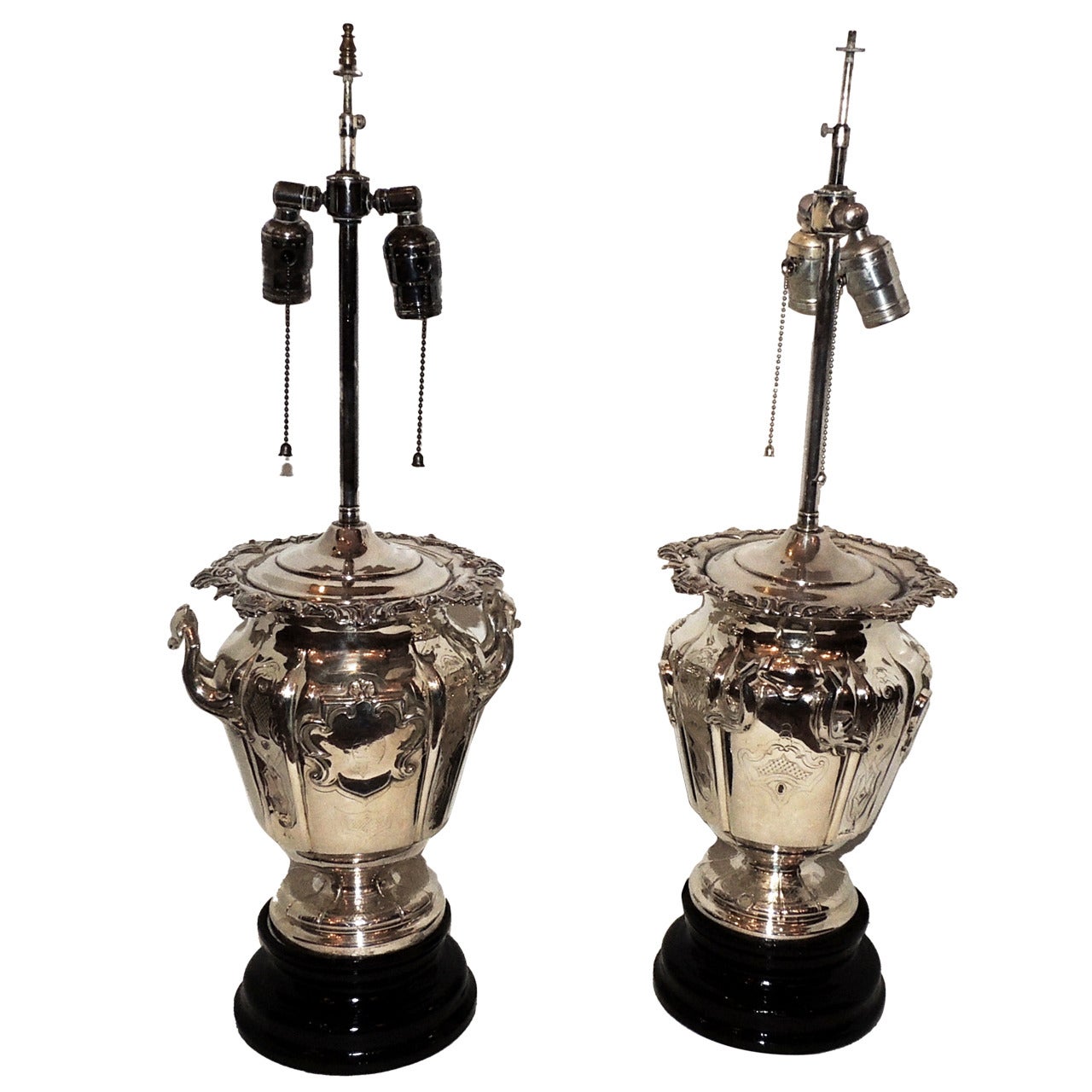 Exceptional Pair of English Silver Plated Champagne Ice Bucket Lamps, Unique