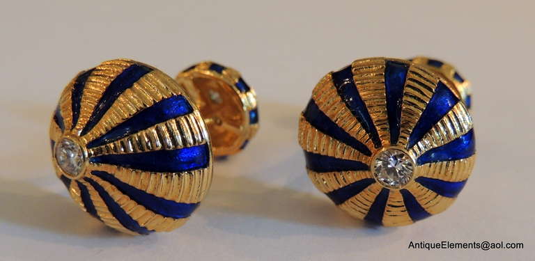 French Tiffany & Co Schlumberger Taj Mahal Diamond &18k Gold & Blue Enamel Links & Stud