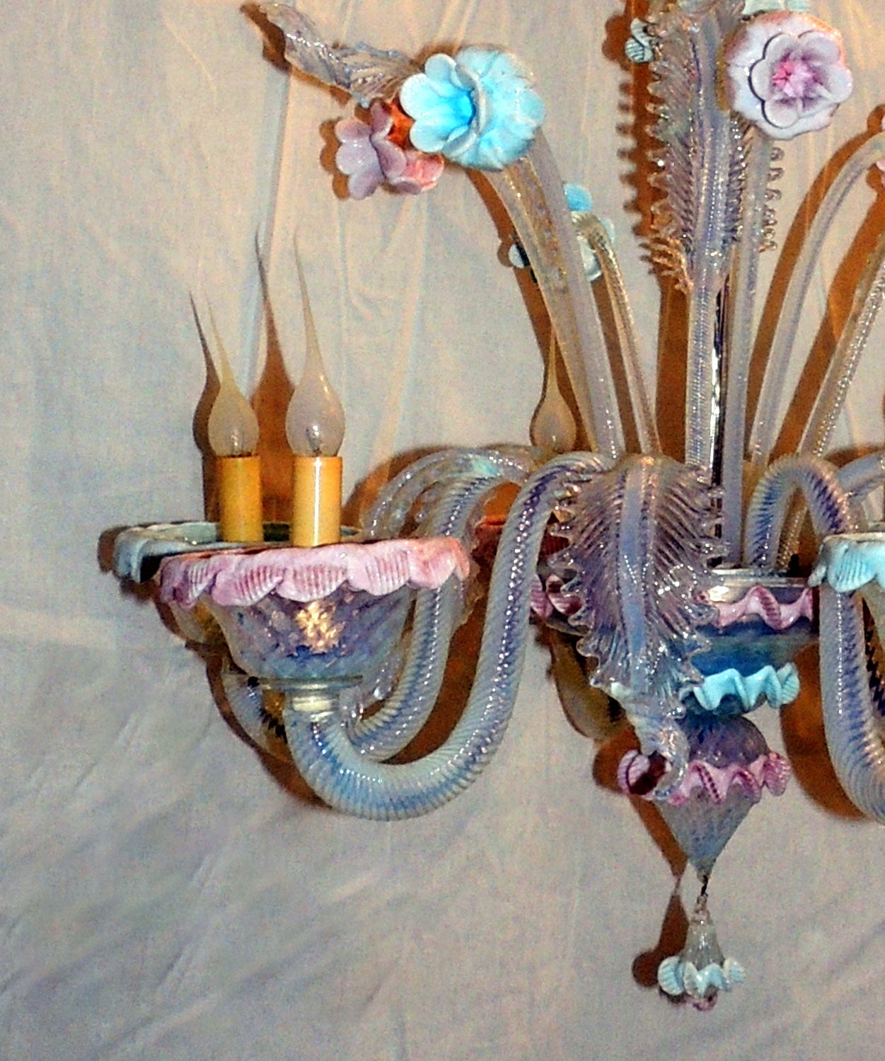 Italian Wonderful Vintage Murano Venetian Blown Glass Pink and Blue Floral Chandelier
