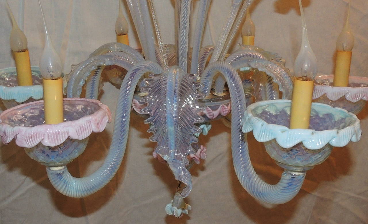 Faceted Wonderful Vintage Murano Venetian Blown Glass Pink and Blue Floral Chandelier