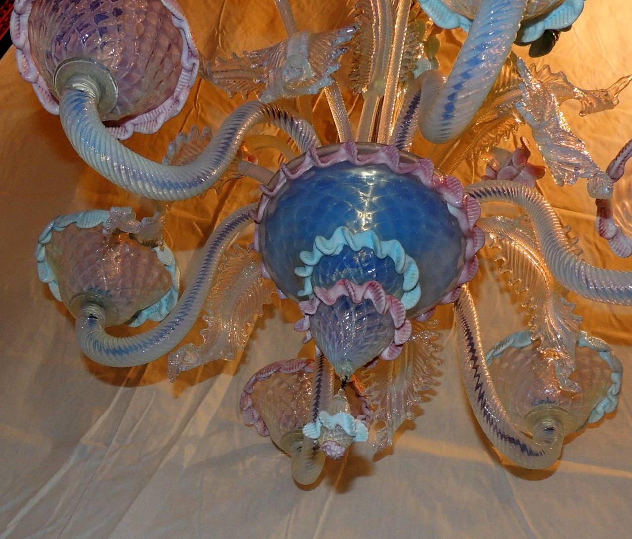 Mid-20th Century Wonderful Vintage Murano Venetian Blown Glass Pink and Blue Floral Chandelier
