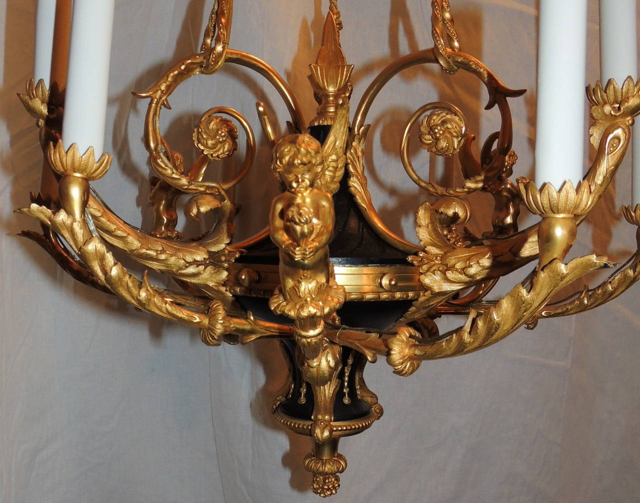French Empire Dore Bronze & Marble 9 Light Cherub Putti Neoclassical Chandelier In Good Condition In Roslyn, NY