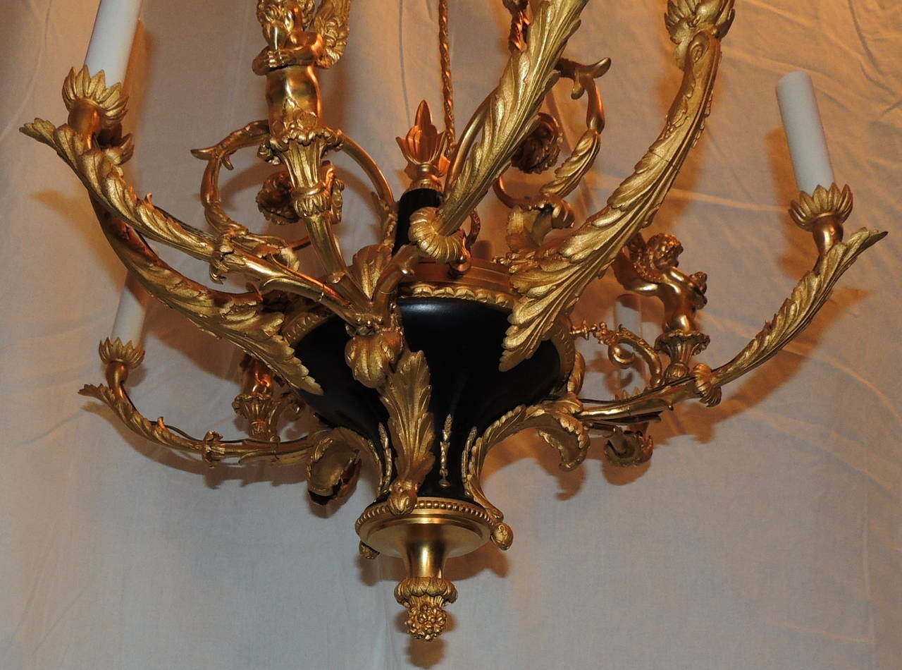French Empire Dore Bronze & Marble 9 Light Cherub Putti Neoclassical Chandelier 3