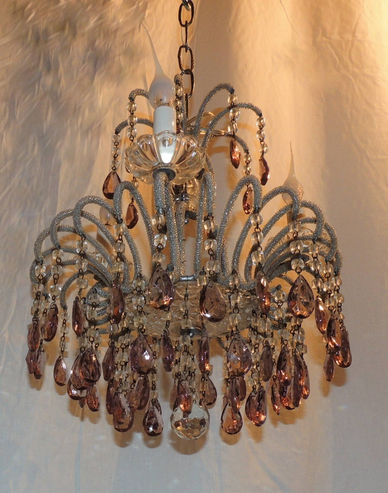 Elegant Beaded Italian Petite Amethyst & Crystal 3 Light Spider Arm Chandelier