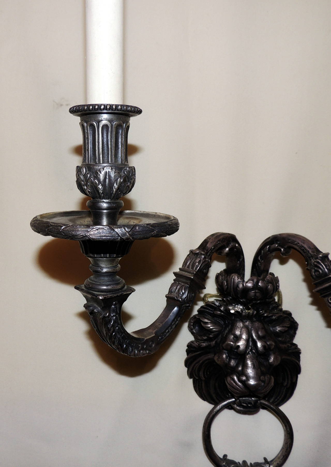 Early 20th Century Amazing Pair of Vintage Caldwell Silvered Bronze Lion Neoclassical Sconces