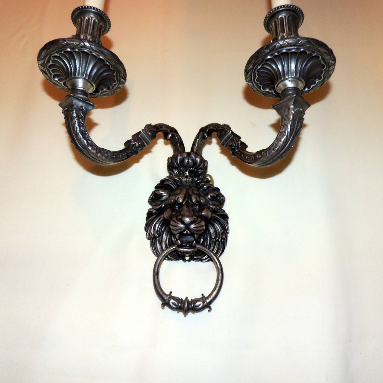 Amazing Pair of Vintage Caldwell Silvered Bronze Lion Neoclassical Sconces 3
