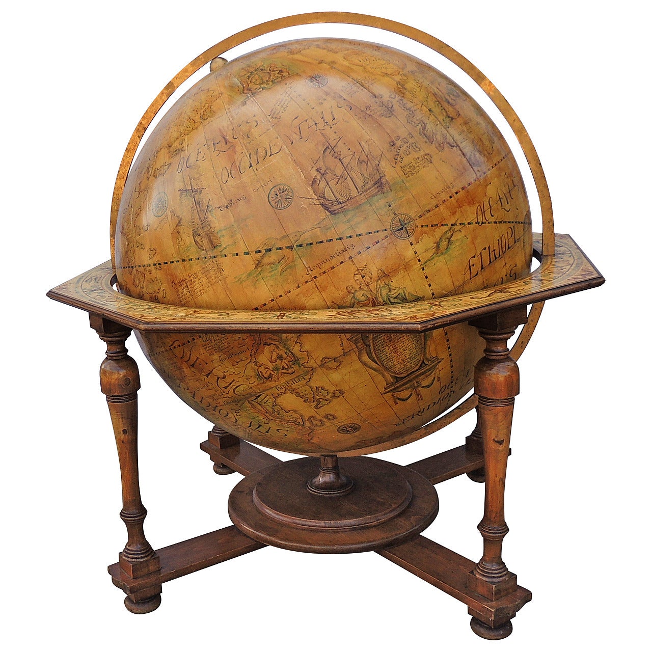 Monumental Vintage World Globe with Celestial Markings in Beautiful Pine Stand