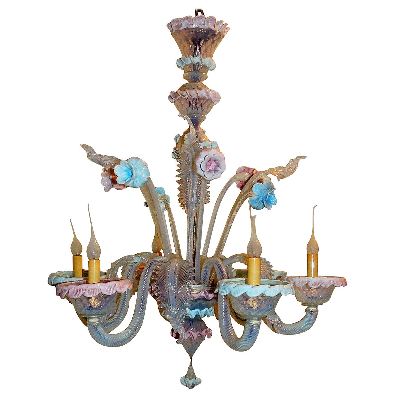Wonderful Vintage Murano Venetian Blown Glass Pink and Blue Floral Chandelier