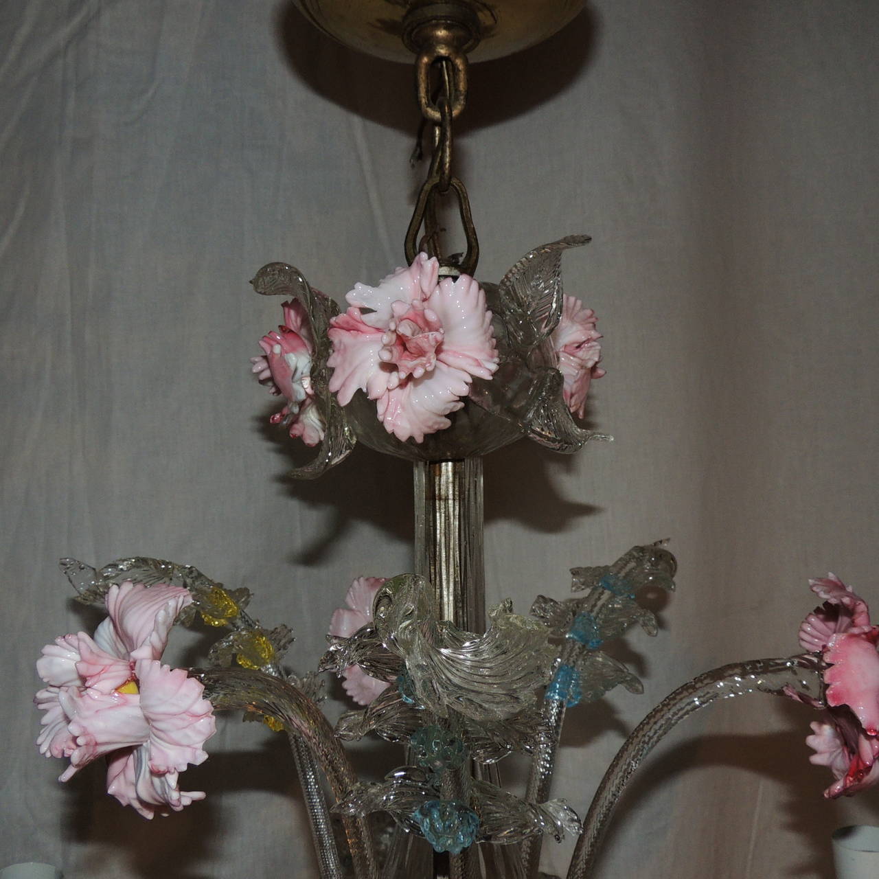Italian Whimsical Murano Vintage Venetian Blown Glass Five-Light Carnations Chandelier