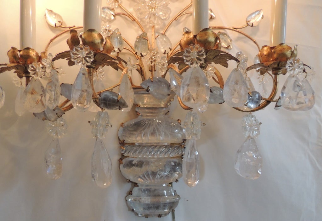 Pair Of Gilt & Rock Crystal 4 Arm Bagues Style Sconces In Excellent Condition In Roslyn, NY