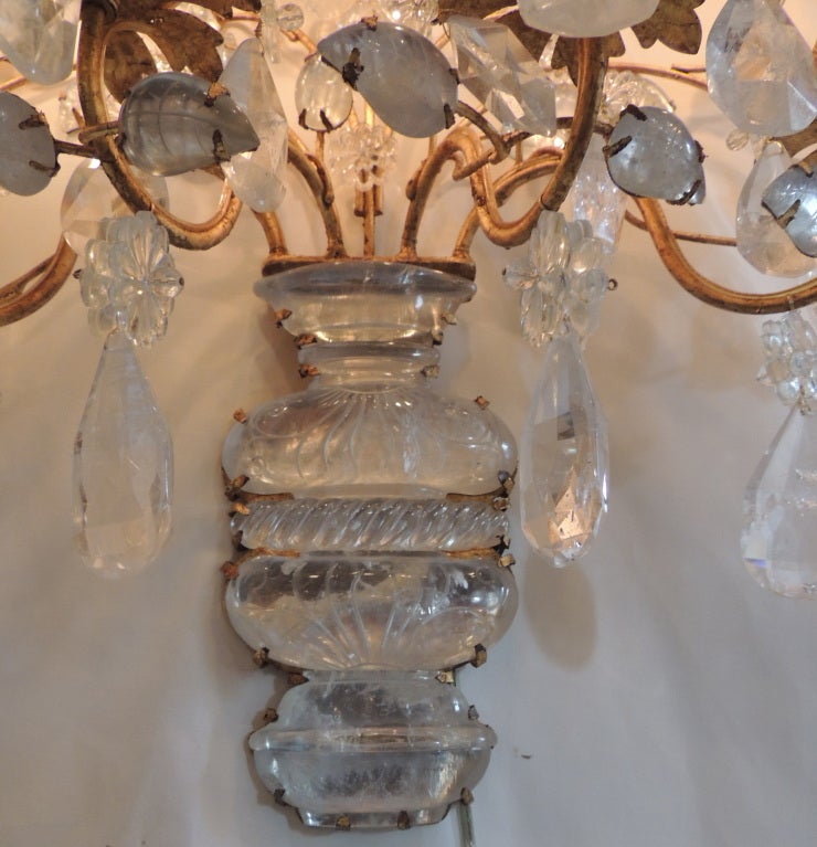 20th Century Pair Of Gilt & Rock Crystal 4 Arm Bagues Style Sconces