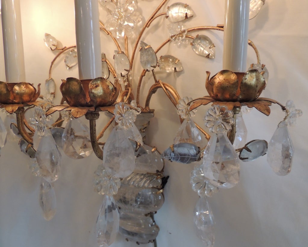Pair Of Gilt & Rock Crystal 4 Arm Bagues Style Sconces 1