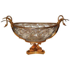 Vintage Beautiful French Dore Bronze Elegant Swan Hands & Cut Crystal Bowl Centerpiece