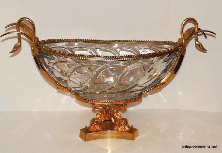 Beautiful French Dore Bronze Elegant Swan Hands & Cut Crystal Bowl Centerpiece