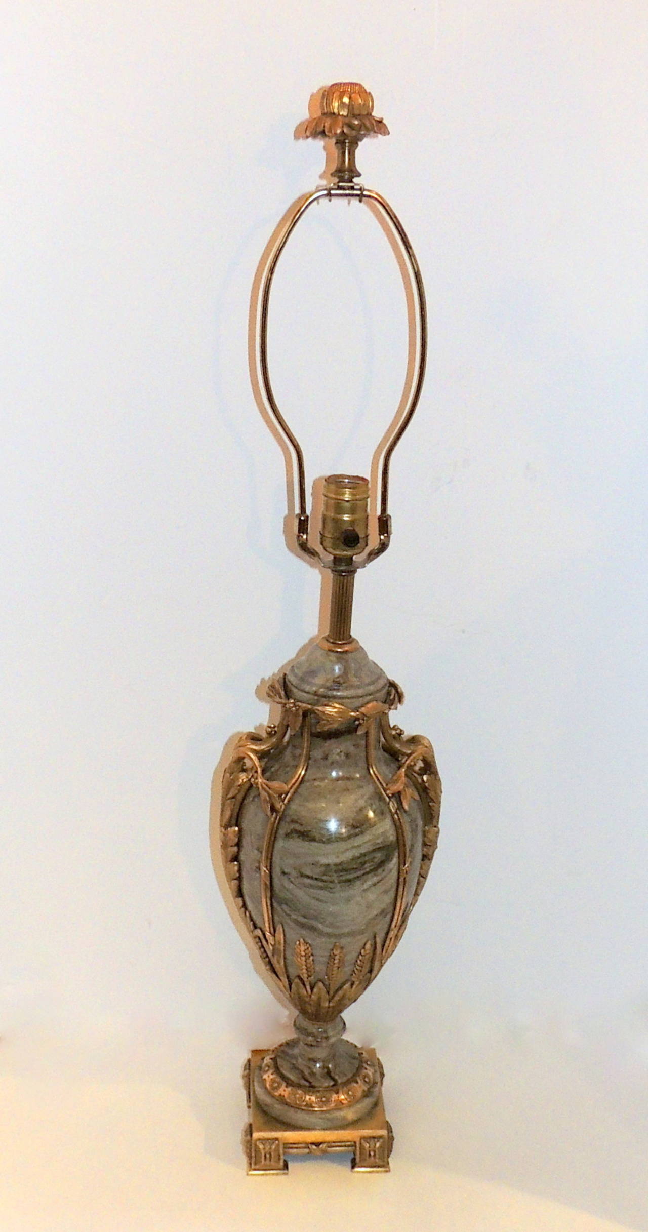 Wonderful Pair French Gray Marble & Bronze Ormolu Handled Cassolettes Urn Lamps