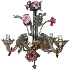 Whimsical Murano Vintage Venetian Blown Glass Five-Light Carnations Chandelier