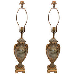Wonderful Pair French Gray Marble & Bronze Ormolu Handled Cassolettes Urn Lamps