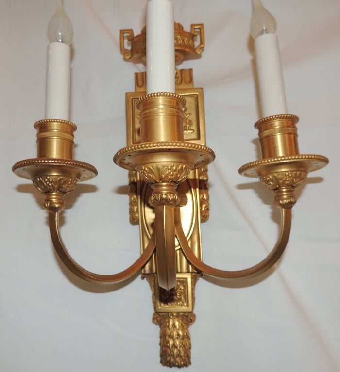 Gilt Wonderful Pair of Caldwell Dore Bronze Three-Arm Wall Sconces Putti Urn For Sale