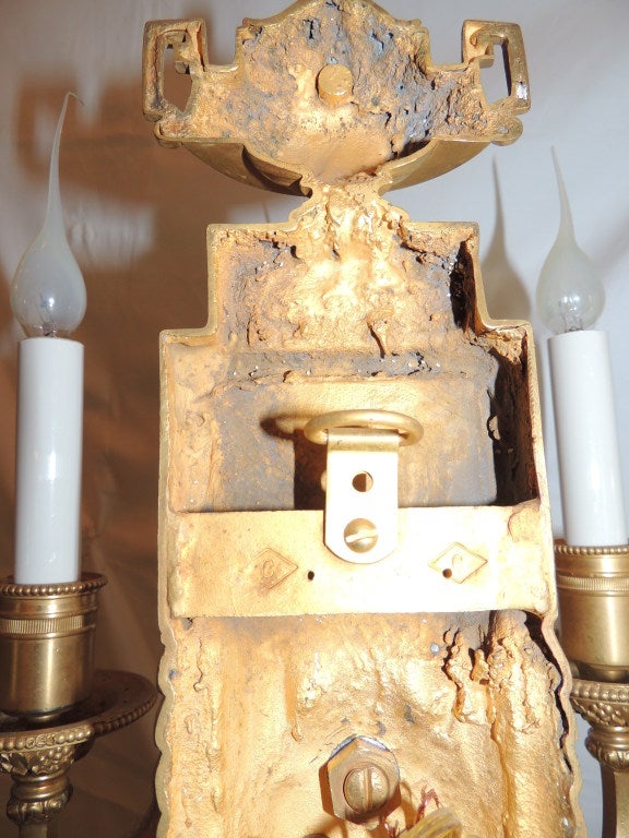 Wonderful Pair of Caldwell Dore Bronze Three-Arm Wall Sconces Putti Urn In Good Condition For Sale In Roslyn, NY