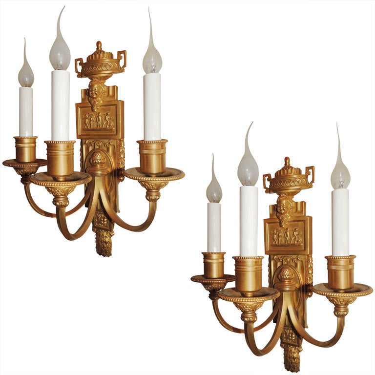 Wonderful Pair of Caldwell Dore Bronze Three-Arm Wall Sconces Putti Urn